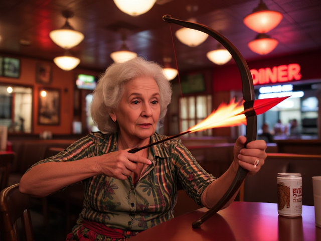 old lady in a diner with a flaming bow and arrow