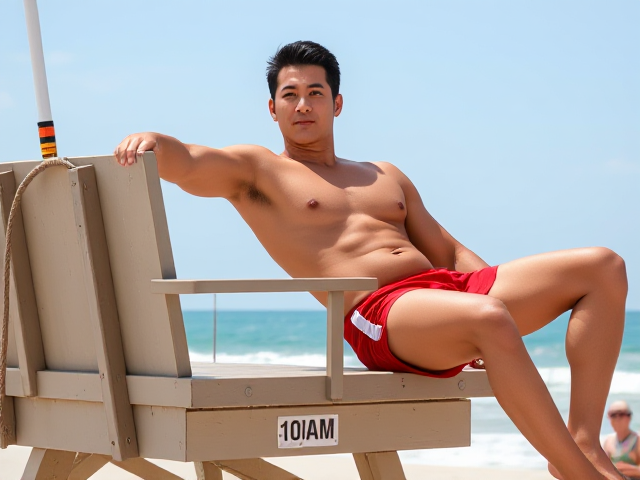 A beach scene at 10 AM, with a typical lifeguard tower in the foreground. A shirtless Japanese-American male lifeguard lounges confidently on top of the tower, looking out over the ocean. His chiseled, muscular body glistens in the sunlight, showcasing his toned abs and bulging biceps. He wears fitted red lifeguard shorts that accentuate his strong thighs and highlight his toned legs. His gaze is directed out to sea, but his eyes seem to suggest he's aware of the admiring glances from the beachgoers below. His pose is deliberately provocative, inviting viewers to take in his sculpted physique