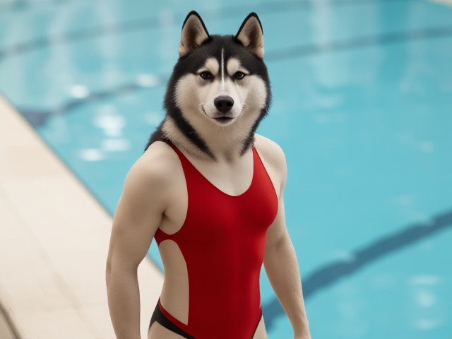 A tall ((anthropomorphic)) Siberian husky Olympic swimmer with a long torso  wearing a one piece swimsuit standing on the pool deck