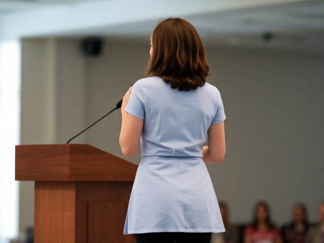 Brunette female , wearing a light blue t-shirt and skirt of the same shade, black leggings,   speaking at a podium full body view