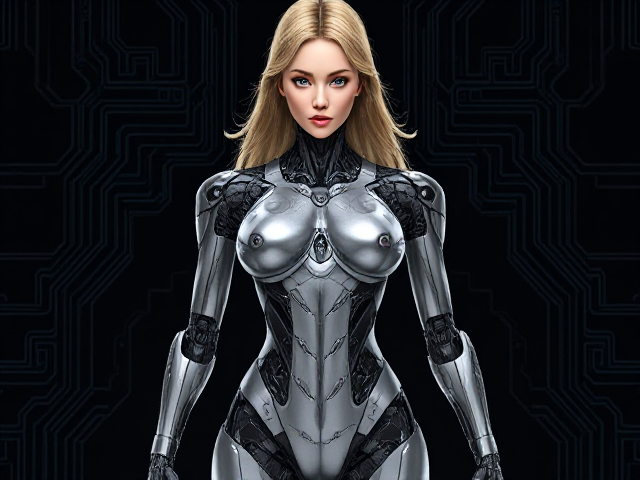 Futuristic female robot, sleek design, intricate circuitry, expressive face, metallic finish, blonde, human head, torso, legs,