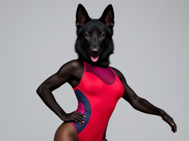 Black female Anthropomorphic German Shepherd in a gymnastics leotard, detailed fur texture, athletic pose, vibrant colors