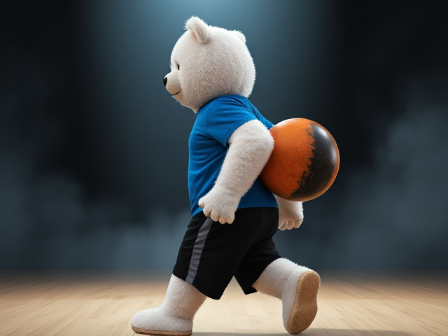 An athletic human teddy bear 5 feet 7 inches tall white fur wearing a blue t shirt black shorts with an orange and black dull bowling ball with a high back swing aggressively walking towards the approach