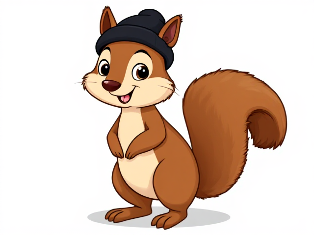 Cartoon-style squirrel character, standing upright, wearing a black beanie, vibrant colors, cheerful expression, detailed fur texture