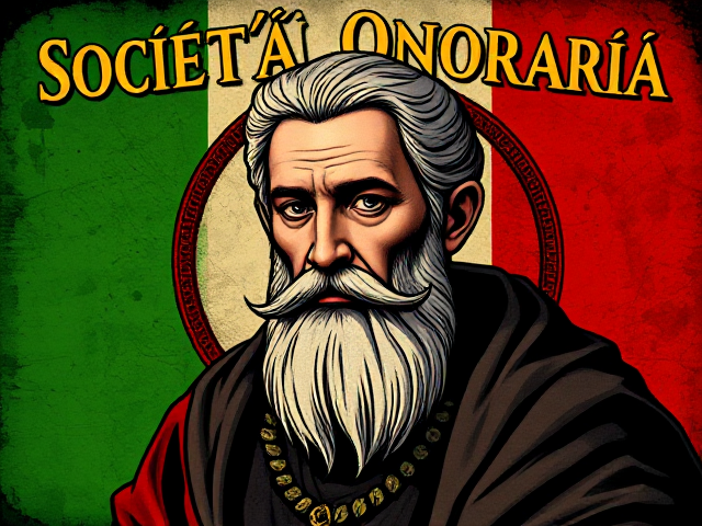 Poster with the text 'Società Onoraria Italica'. The background should be the italian flag. Include a large image of Dante Alighieri and other italian cultural aspects