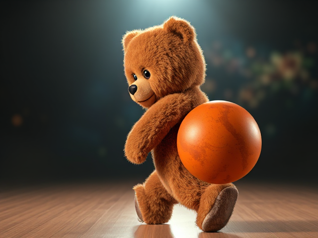 A pro bowler human teddy bear with an orange and black dull bowling ball with a high back swing aggressively walking towards the approach