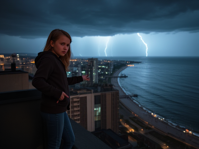 A petite 13-year-old girl with strawberry blonde hair, wearing a hooded pullover and jeans, is standing on the roof ledge of a night club. Next to her on the roof, standing nearby is a modern-day, pale skinned vampire in his late twenties, with blonde hair, dressed in a brown trench coat and jeans. He appears uneasy as he looks at her. The girl gestures angrily at him, flailing her arms outwards and scowling at him. A thunderstorm approaches the cityscape from the sea shore. Set at night.