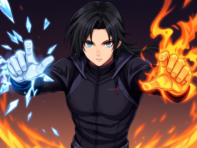 Young adult male with long black hair, wearing sleek futuristic style clothing. He displays special powers: his left arm is projecting icy shards while his right arm emits fiery flames. His eyes are distinct, with the left eye being a vivid blue and the right eye a striking red. Anime style, highly detailed and dynamic action pose