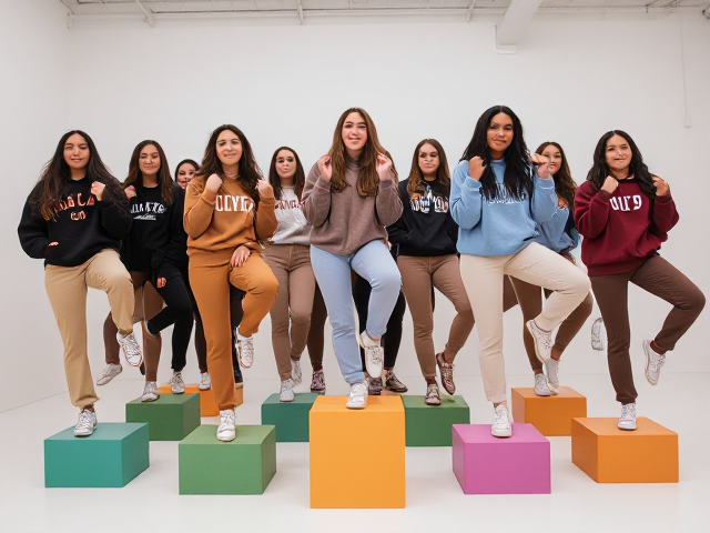 Large group of young women in Urban Outfitters khakis and hoodies and Chucks sneakers each standing with one foot on top of a small colored riser in a white room and rapping