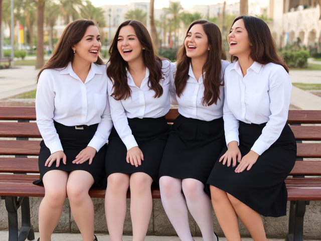 Beautiful semitic women with white long sleeve button-up shirts, black mini-skirts, white stockings and black heels laughing hysterically again and again on a bench