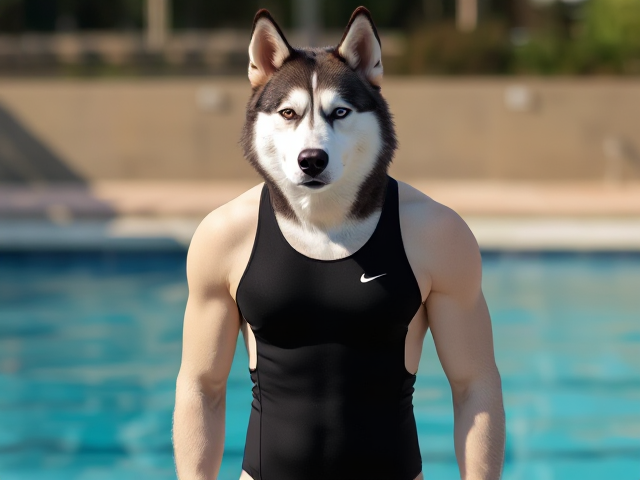 A tall Siberian Husky with a long torso and broad shoulders wearing a high cut Nike one piece swimsuit and swimming goggles