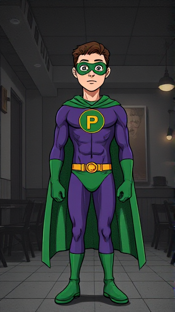 Dramatic Comic Book Cartoon scene: A young, Autistic 25-year old boy with light skin and flat, smooth, and slick brown hair with a singular curled bang in the shape of a P sticking out at the front named T.J. Granger, but transformed into a genetically-altered superhero named Powerman, who, despite still being a young adult kid, has an extremely muscular body. He wears a sleek purple bodysuit with a green P symbol on his chest, a golden belt with a circular buckle, green briefs, green boots, green long-cuffed gloves, a really big, toe-length long, ultra-wide green cape wreathed around his neck, and a green eye mask that protects his true identity. He also has incredible and invincible superpowers flowing through his veins. In this scene, Powerman is currently standing in a dark, abandoned restaurant at night by himself, intently awaiting the arrival of someone he knows.