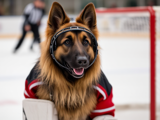 A long haired German shepherd wearing hockey goalie gear