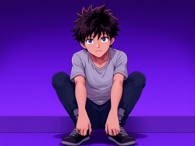 My hero academia oc front view sitting down leaning forward. Fluffy hair.