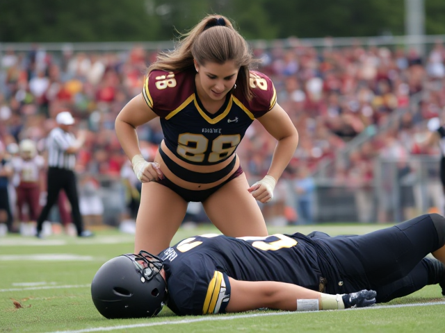 A tough large female with very muscular biceps. She is a college football player playing on the men’s team. She is standing on the field, during a game. She  looking down at the opposing team player, lying unconscious. Shes celebrating