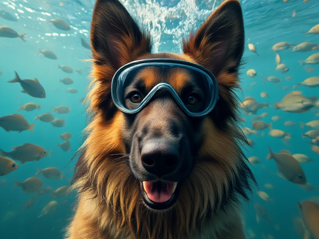 A long haired German shepherd Freediving while wearing Freediving goggles, surrounded by fish