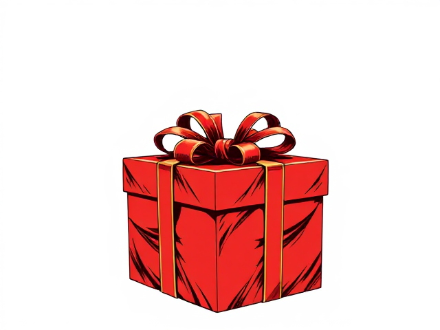 Christmas gift in red wrapping with the top open, against a blank background.