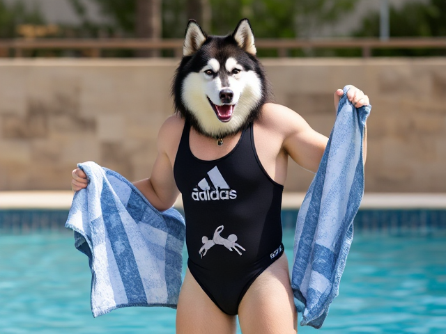 A tall anthropomorphic Alaskan malamute wearing an adidas swimsuit drying off with a towel