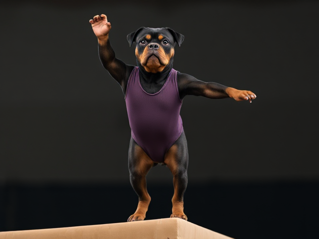 Anthropomorphic Rottweiler gymnastics leotard balance beam