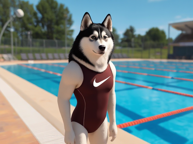 A anthropomorphic Alaskan malamute wearing a Nike one piece swimsuit while standing next to a Olympic sized swimming pool