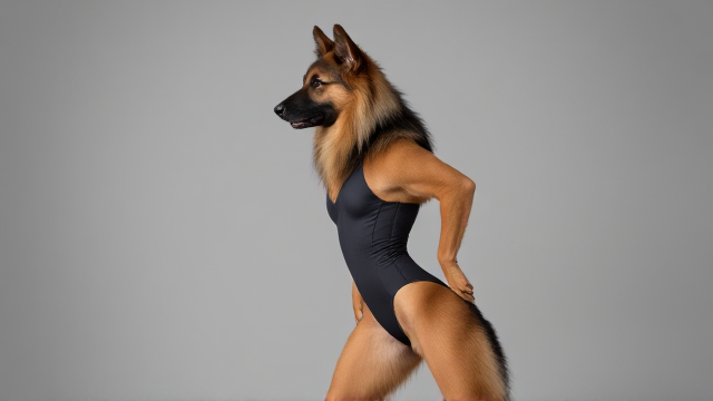 Long-haired German Shepherd with a leotard, performing gymnastics, emphasizing her hips, vibrant and dynamic pose
