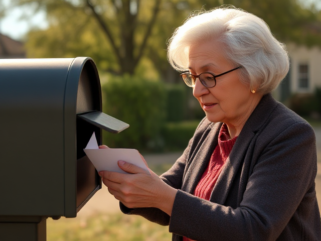 Créé une image montrant une vielle dame qui retire 1 courrier de sa boîte au lettre