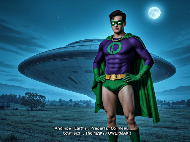 Dramatic Comic Book scene: A young, Autistic 25-year old boy with light skin and flat, smooth, and slick brown hair with a singular curled bang in the shape of a P sticking out at the front named T.J. Granger, but transformed into a genetically-altered superhero named Powerman, who, despite still being a young adult kid, has an extremely muscular body. He wears a sleek purple bodysuit with a green P symbol on his chest, a golden belt with a circular buckle, green briefs, green boots, green long-cuffed gloves, a really big, toe-length long, ultra-wide green cape wreathed around his neck, and a green eye mask that protects his true identity and also causes his pupils to magically disappear as his eyes glow an eerie white. He also has incredible and invincible superpowers flowing through his veins. In this scene, Powerman is currently standing in front of a crashed alien mothership on the outskirts of a farm at night, ready for action as he prepares to take flight for the first time and fulfill his destiny. The subtitles at the bottom have Powerman say, "And now, Earth... Prepare to meet... The mighty POWERMAN!!"