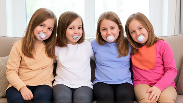Quatre filles adolescentes aux cheveux lisses et dégagé et de différentes couleurs a l'avant assis dans un canapé avec des bavoirs simple de différentes couleurs et des tétines en bouches elles sont en tee-shirts manches longues de différentes couleurs que les Bavoirs et avec des pantalons elle se font un gros câlin et il y a une grande fenêtre derrière le canapé
