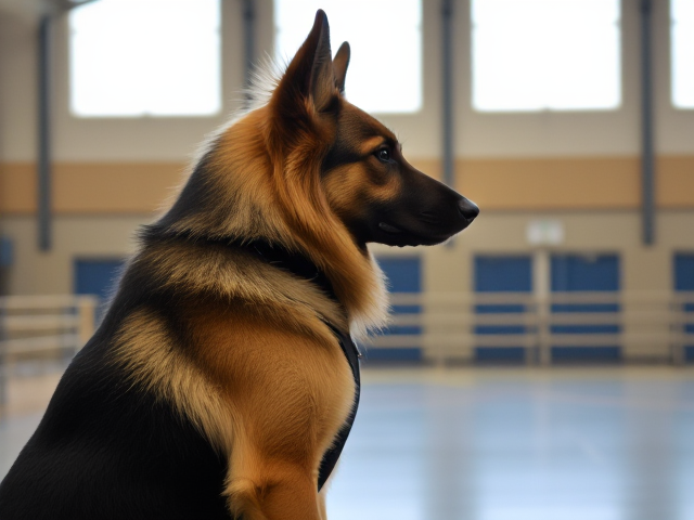 A anthropomorphic long haired German shepherd wearing a gymnastics leotard in a gymnasium