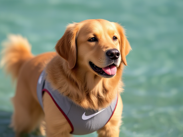 A anthropomorphic golden retriever wearing a Nike swimsuit