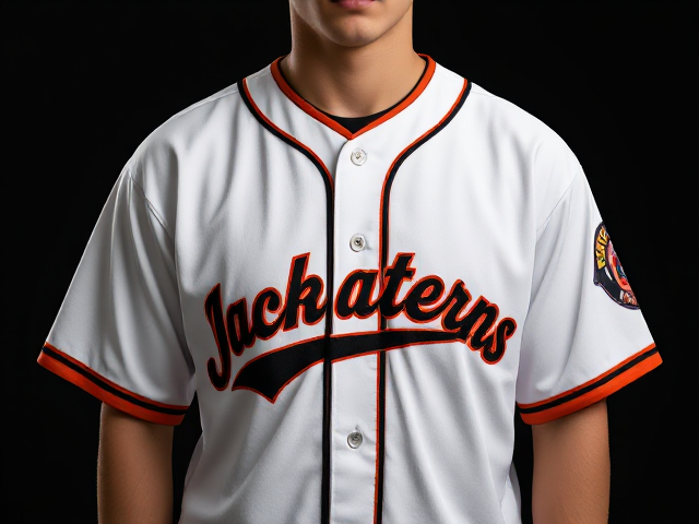 white baseball jersey with Jackolanterns written across the front in orange and black with black and orange piping around the neck and cuffs of the jersey