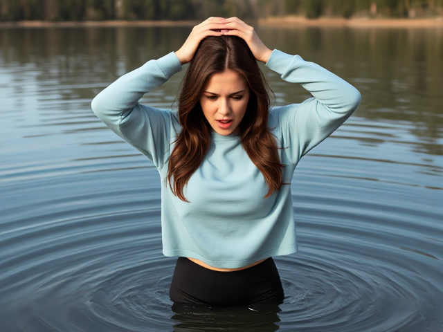 Brunette wearing a light blue sweatshirt and black yoga pants panicking as a man holds her head over a lake