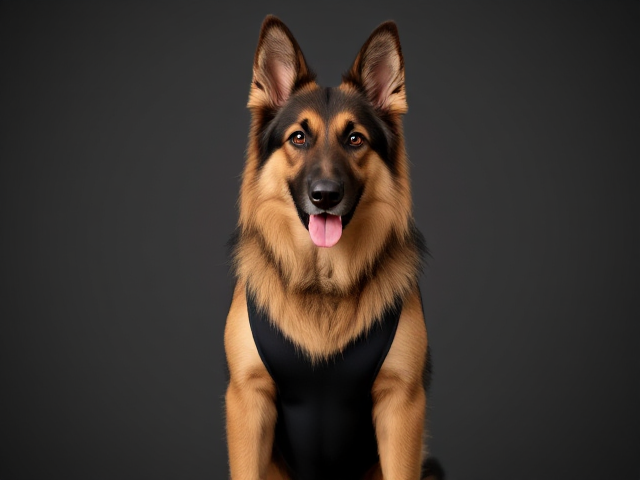 A anthropomorphic long haired German shepherd wearing a leotard