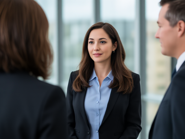 Brunette wearing a light blue blouse and a black suit viewed from the side meeting the president of her company