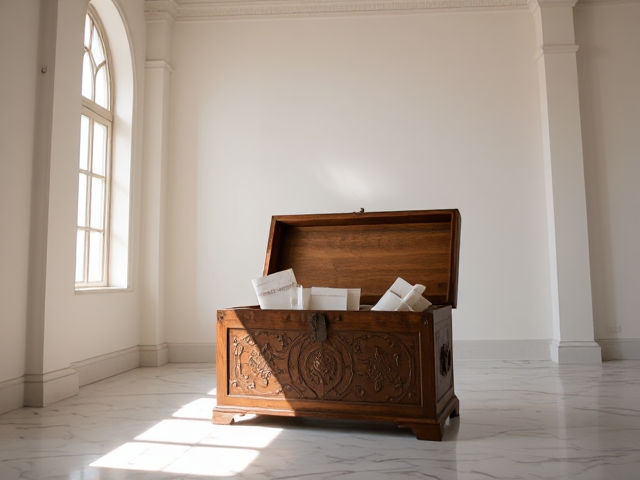 peux tu me generer une image qui montre seulement un coffre en chene avec des motifs ouvert avec des parchemins de papiers dépassant légerement du coffre au milieu d'une pièce au haut plafond blanc qu'on ne voit pas avec la lumiere du soleil traversant les fenetres avec un sol en marbre, seul le coffre cité est présent dans la pièce, on appercoit seulement une moitié de fenetre