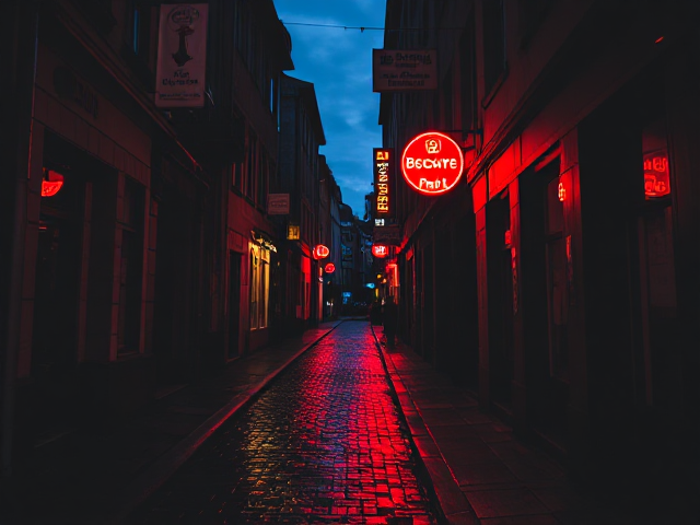 A moody, neon-drenched night scene in a narrow European alley, where the intense red glow of signs reflects dramatically off the wet, historic cobblestones, creating a striking contrast against the cool blue twilight sky.