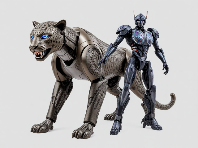 As a concept transformer in a conceptual Beast Machines series, a concept technorganic leopard would have a unique and imaginative design, blending elements of a leopard with futuristic and cybernetic features. Here's a speculative description of how it could look:

In its beast mode, the concept technorganic leopard transformer would have a distinctive and futuristic appearance. Its body would combine sleek metallic plating and textured material, resembling the pattern and texture of a leopard's fur. The coloration could range from metallic shades to vibrant hues, showcasing its technorganic nature.

The leopard's body would be agile and muscular, built for speed and stealth. It would have a streamlined and aerodynamic shape, enabling it to move swiftly and silently. The head would feature metallic ears, sharp metallic teeth, and glowing, piercing eyes, reflecting its predatory nature.

Transforming into its robot mode would involve a complex and imaginative process. The leopard's limbs and body would shift and rearrange, revealing the mechanical components and transforming them into a robotic humanoid form. The metallic plating would fold and retract, exposing the intricate robotic framework underneath. As it transforms, the textured material would retract, giving way to the metallic exoskeleton.

In its robot form, the concept technorganic leopard transformer would stand tall and agile, with a mix of sleek lines and intricate details. The metallic exoskeleton would be adorned with advanced circuitry and glowing energy lines, symbolizing its technorganic nature.

The head design would retain some leopard-like features, such as the shape of the face, the ears, and the sharp teeth. It would have a retractable faceplate, revealing a robotic face with glowing optics. The head might also have additional crests or sensors, resembling the structure of a leopard's head.

The robot's limbs would be flexible, allowing for swift and acrobatic movements. It could possess additional weaponry or tools, such as retractable claws, energy-based projectiles, or even the ability to generate holographic decoys or camouflage. The robot might also have enhanced senses, advanced scanning capabilities, or the ability to traverse various terrains effortlessly, reflecting the leopard's natural hunting and survival skills.

The color scheme would be a blend of metallic tones and vibrant accents, emphasizing the fusion of organic and mechanical elements. The leopard's natural patterns and markings could be represented through intricate glowing lines or patterns on its exoskeleton, showcasing its unique technorganic identity.

Overall, a concept technorganic leopard transformer in a conceptual Beast Machines series would be a visually striking fusion of futuristic technology and the elegance of a leopard. Its design would capture the essence of a leopard while incorporating imaginative and innovative cybernetic elements, showcasing the limitless possibilities of concept transformers in the world
