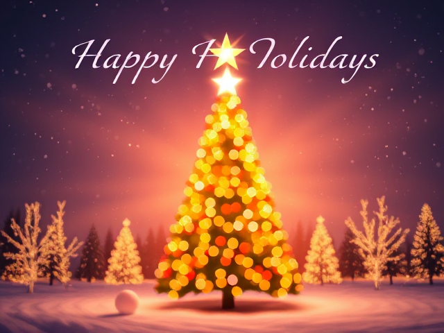 genere moi une image réaliste aux couleurs de noel, avec des tons clairs (en journée) pour annoncer de bonnes fetes avec au centre un sapin de noel avec son étoile