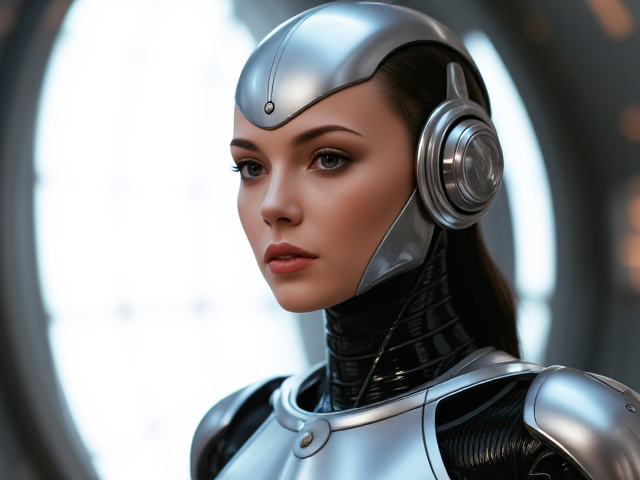 Space 1999 inspired futuristic female robot, sleek design, detailed metallic features, in a sci-fi setting