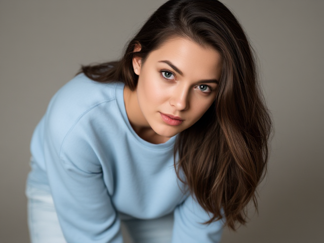 Brunette with dark brown hair wearing a light blue sweatshirt and light blue jeans rolls her eyes and leans forward