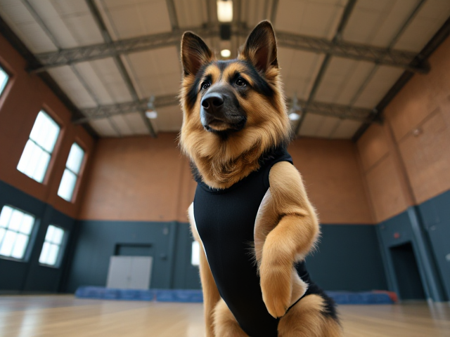 A anthropomorphic long haired German shepherd wearing a gymnastics leotard in a gymnasium
