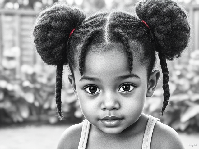dessin d'une petite fille de 3ans, noire, avec les cheveux affros coiffés en deux chignons et trois nattes tombant sur son front, des yeux étirés jouant dans le jardin