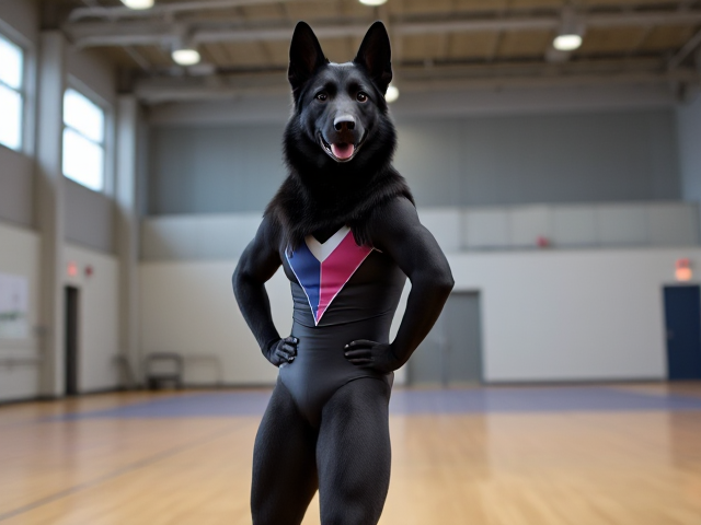 Anthropomorphic black German shepherd wearing a gymnastics leotard, posing with emphasis on its hips in a gymnasium setting, detailed and vibrant colors
