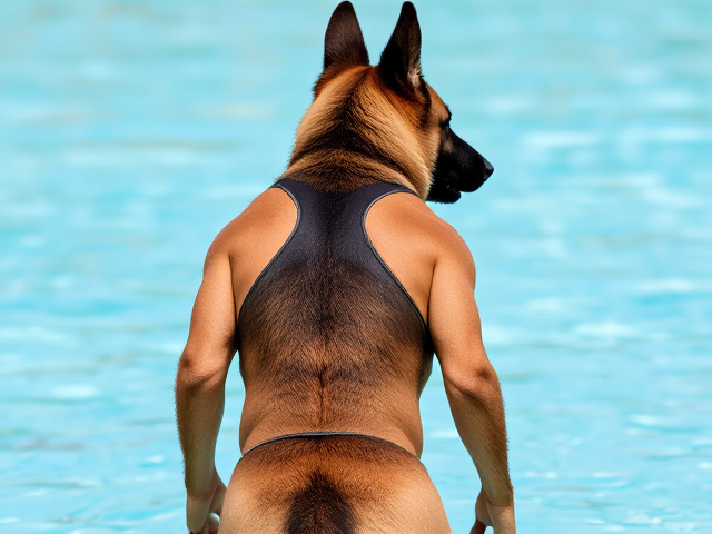 Anthropomorphic German shepherd in a water polo swimsuit, detailed fur texture, athletic build, dynamic pose