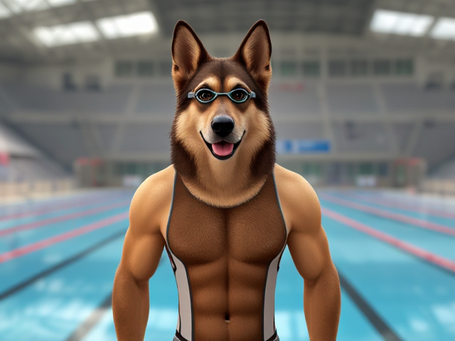A tall anthropomorphic long-haired German shepherd Olympic swimmer with a long torso and broad shoulders, wearing a racing swimsuit and goggles while standing next to a Olympic-sized pool