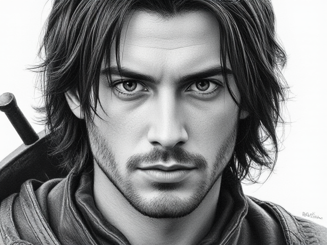 Generate an image/portrait of a medieval hunter.  He is a human, 25 years old, has middle lenght, black, bit greasy slicked back hair and grey eyes. Slightly oval face. His is clean shaven. Make the image in color.