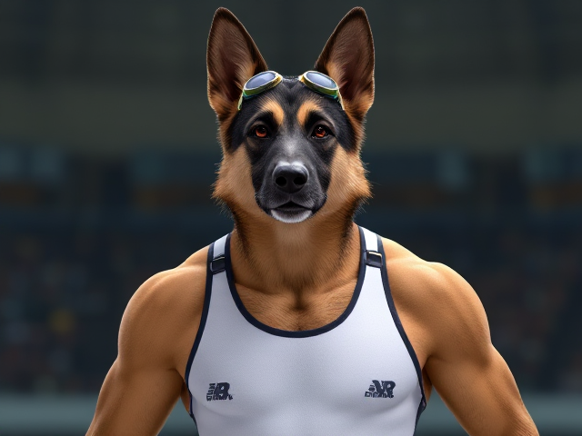 A tall anthropomorphic German shepherd Olympic swimmer with a long torso and broad shoulders wearing a racing swimsuit and goggles