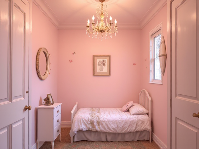 a small cramped closet room. a victorian cottage a feminine little girly bedroom in a cottage with a single bed and a small dresser. The walls were painted a pale pink, and delicate butterfly decals decorated one corner. A small chandelier hung from the ceiling, casting rainbow reflections around the room.