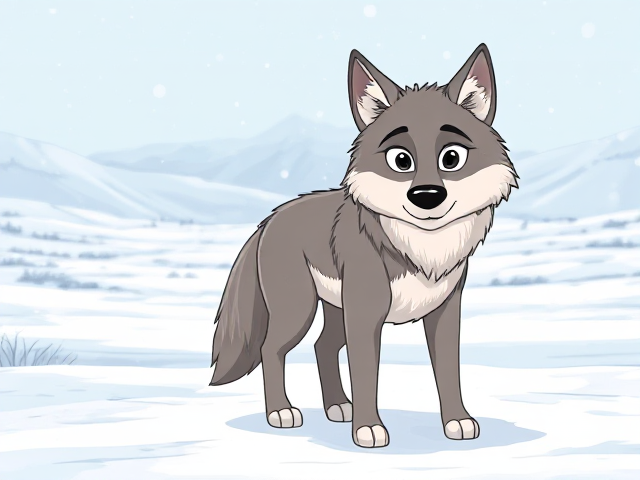 cartoon wolf with detailed fur and expressive eyes, standing in a vast snowy tundra landscape with gentle snowfall and distant mountains
