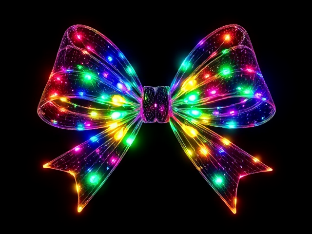Handrawn Clipart bow, made of Christmas lights. Colorful Luminescent, isolated on a black background